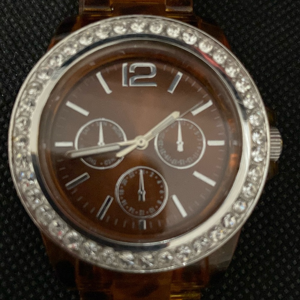 Vintage Japan Movt brown translucent band with rhinestone around face watch-used
